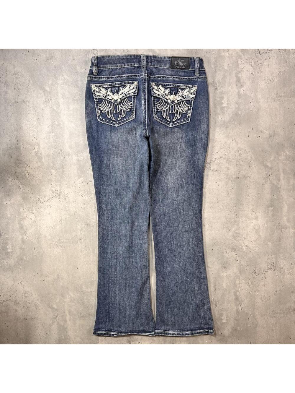 Y2K Love Indigo Angel Wings Bootcut Gothic Denim Jeans